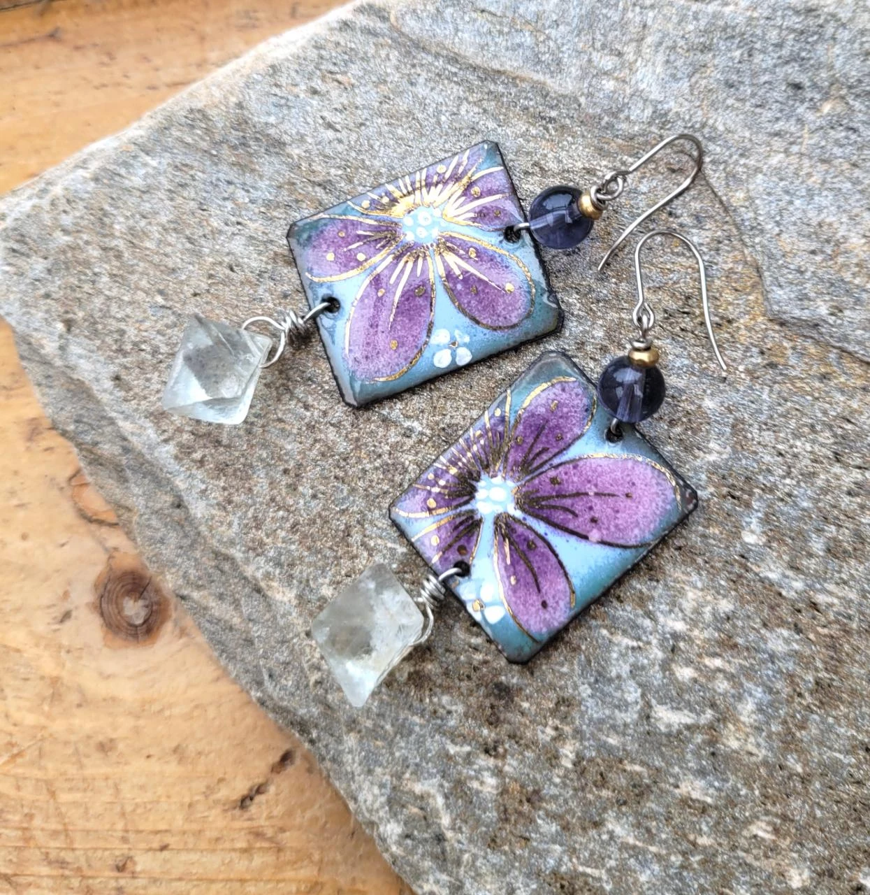 Natural earrings with handmade enamel flower charm, fluorite octahedron – photo 9